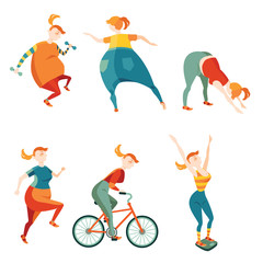 Set of vector illustrations in cartoon style, be active to lose weight