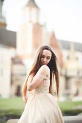 Fototapeta premium Girl in luxurious long dress on street of old town