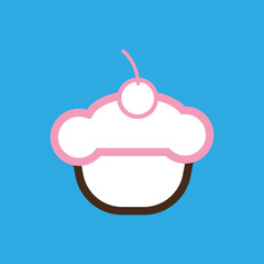 Card with a cream cake with a cherry on top over a blue background, in outline style. Digital vector image.
