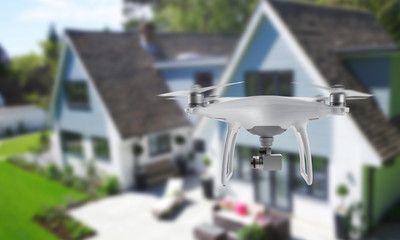 Drone quad copter with camera spying on the house and yard. - obrazy, fototapety, plakaty