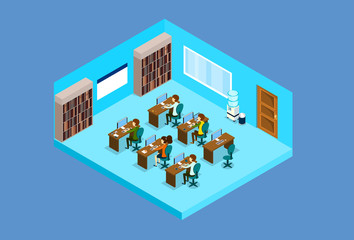 Business People Group Work On Computer Office Interior Isometric 3d