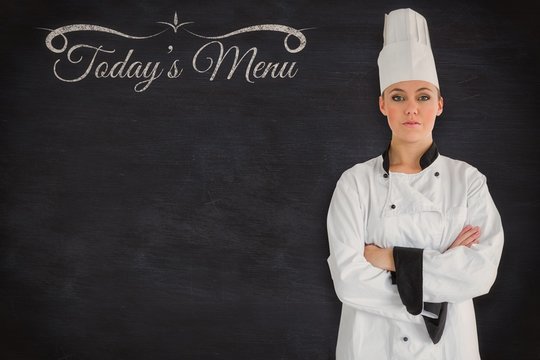 Composite image of a serious chef crossed arms