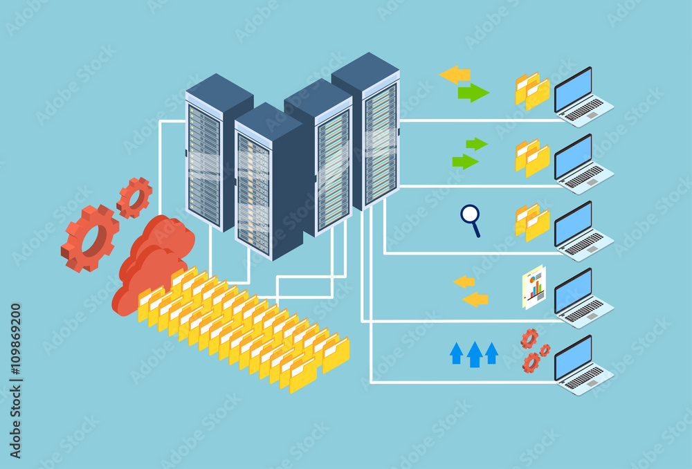 Poster data exchange laptop computer database cloud storage 3d isometric design