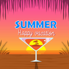 Martini Glass Cocktail Palm Tree Inside Over Tropical Sunset Background Seaside Vacation