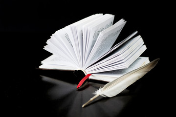 Open book with feather on the black table