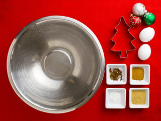 overhead view of christmas ingredient with kitchen utensil.