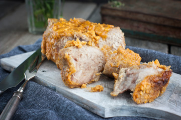 Braised pork in milk on a board, horizontal