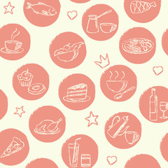 Seamless pattern with doodle food and drinks