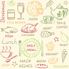 Seamless pattern with doodle menu elements