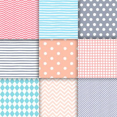 Set of 9 hand drawn painted geometric seamless patterns