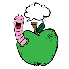 cartoon apple with worm with speech bubble