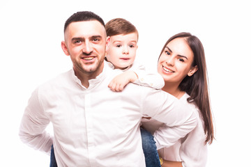 Obraz premium A happy family: mother, father and son on white background