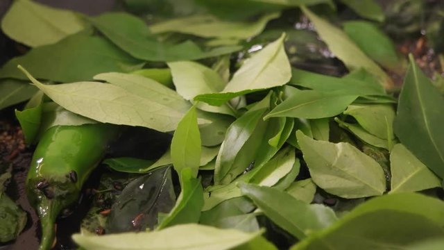 Stirring a mix of Indian spices, herbs, chillies etc in a hot pan with oil 