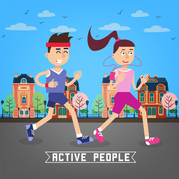 Active People. Man and Woman Runners. Man and Woman Running Through the City