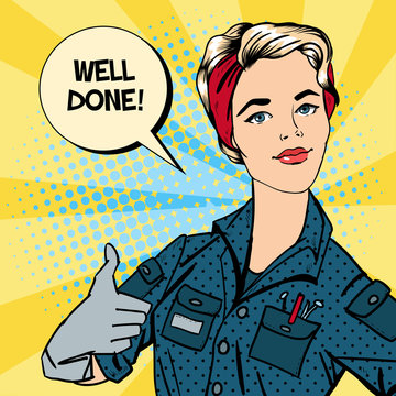 Fototapeta Working Woman. Woman Gesturing Great. Woman Repairer. Pop Art.