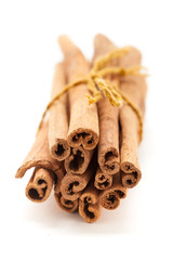 Top front view of Raw Organic Cinnamon sticks (Cinnamomum verum) bundle tied up  with turmeric colored  thread.