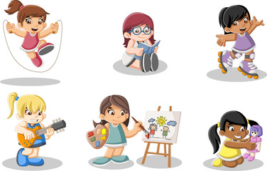 Cute happy cartoon girls playing. Sports and toys.
