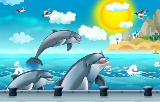 Cartoon background of a sea with dolphins and docking station for ships - illustration for children