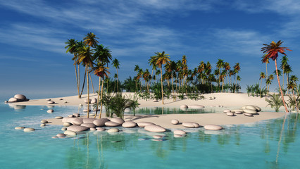 tropical beach, palm trees and the sea, 3D rendering.