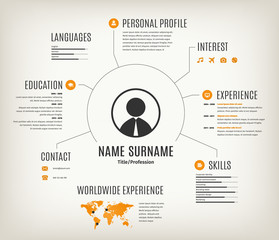 Vector web cv or resume template with world map.