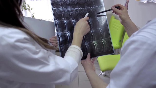 
Two doctors examining patients X-rays in hospital
