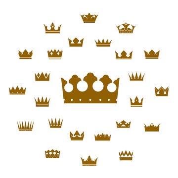 Set of golden vector crowns and icons