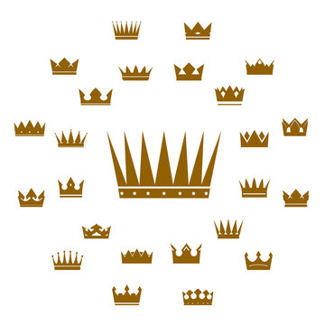 Set of golden vector crowns and icons