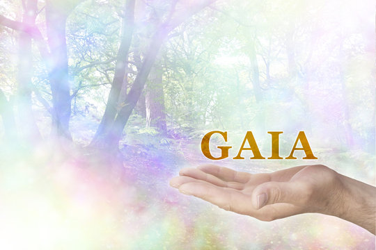GAIA Philosophy - male hand palm up with a gold GAIA word floating above and a rainbow colored bokeh effect woodland scene behind