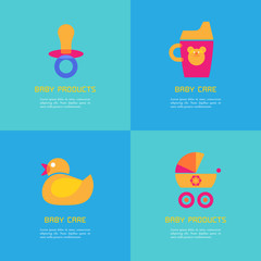 Fototapeta premium Set of vector illustrations of rubber duck, soother, sippy cup, carriage