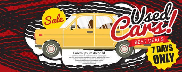 Used Car Best Deal 1500x600 pixel Banner Vector Illustration.