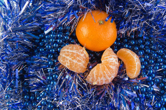 New Year Card With Blue Balls, White Snowflakes Foam, Orange Tan