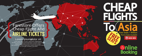 Cheap Flight To Asia 1500x600 Banner Vector Illustration.