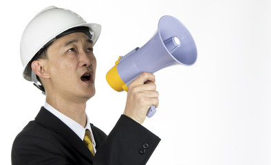 Young Asian Engineer Are activated via megaphone on white 