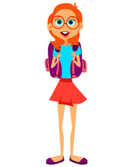 Schoolgirl. Pretty red haired girl in glasses. Vector illustration