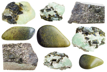 set of various epidote natural mineral stones