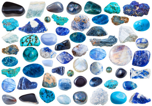 set of blue mineral stones and gems isolated
