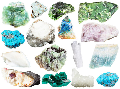 set of various natural mineral gems and crystals