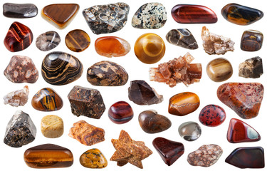 set of brown mineral stones and gems isolated