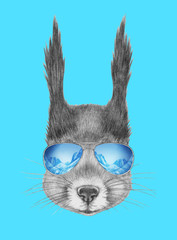 Portrait of Squirrel with mirror sunglasses. Hand drawn illustration.