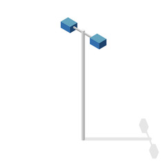 Street light, info graphic. Isometric blue lamp on white background. Street minimalistic equipment. Pictogram of road lamp with details. Flatten isolated master vector icon. Cartography map symbol.
