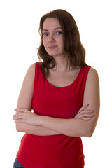 Fototapeta premium beautiful girl in a red shirt on a white background studio photo