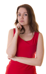 beautiful girl in a red shirt on a white background studio photo