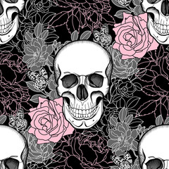 Seamless background of Skull and flowers. Day of The Dead. Vintage Vector.