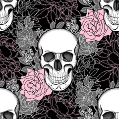 Wall murals Human skull in flowers Seamless background of Skull and flowers. Day of The Dead. Vintage Vector.