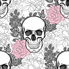 Seamless background of Skull and flowers. Day of The Dead. Vintage Vector.