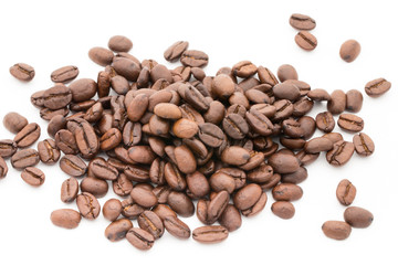 Coffee grains and leaves isolated on the white backgrounds.