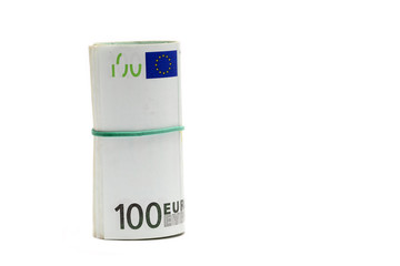 roll of 100 euro banknotes on white background