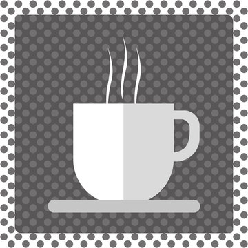 A white cup of hot coffee with foam and steam in outlines, over a silver background with dots and a frame, digital vector image