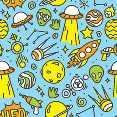 Cartoon space ufo aliens seamless vector pattern blue