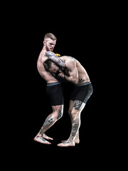 two wrestlers black isolated tattoo lock head